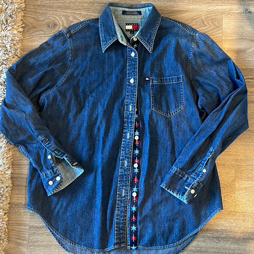 Vintage Tommy Jeans woman’s denim button up shirt. Size large